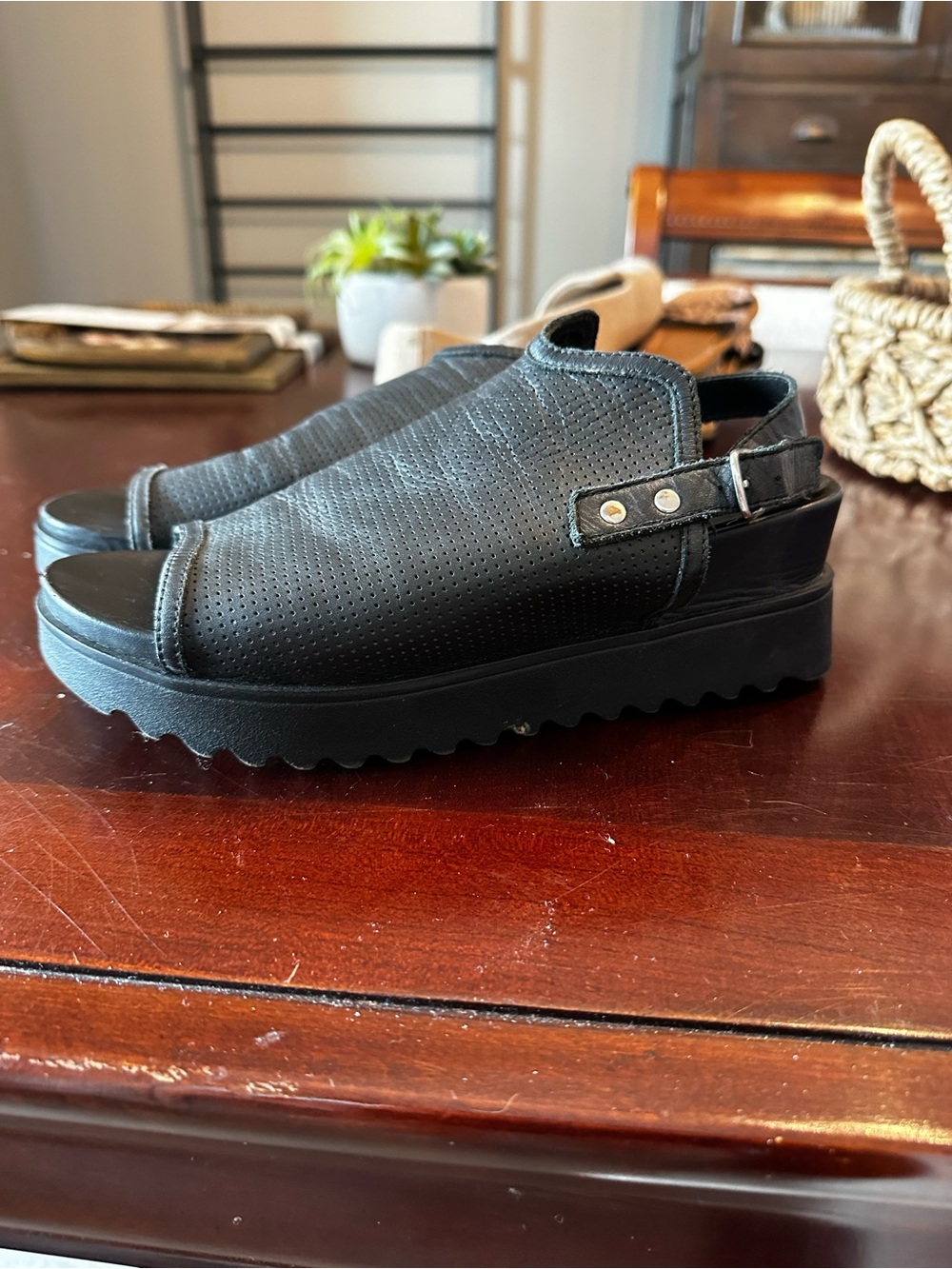 Steven Black Perforated Slingback Platform Sandals